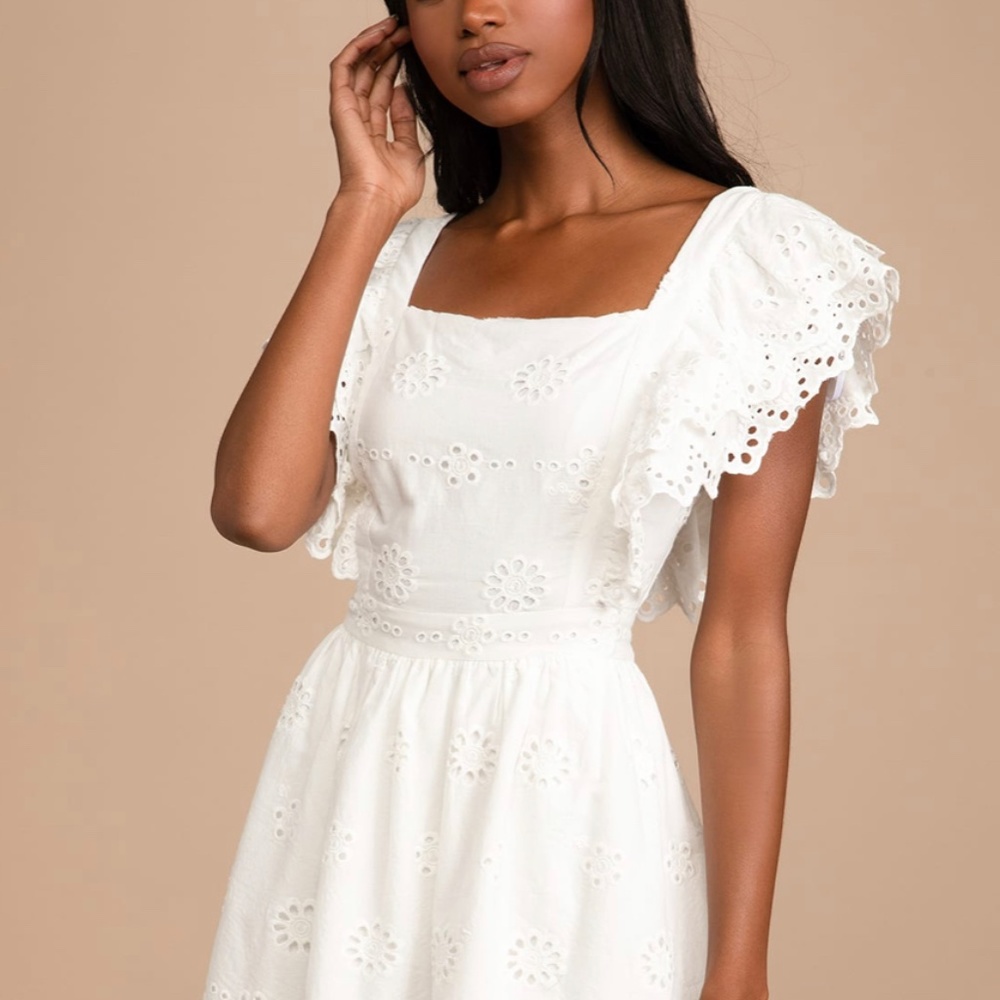 Lulus Absolutely Beautiful White Eyelet Lace Ruffled Skater Mini Dress, Size S